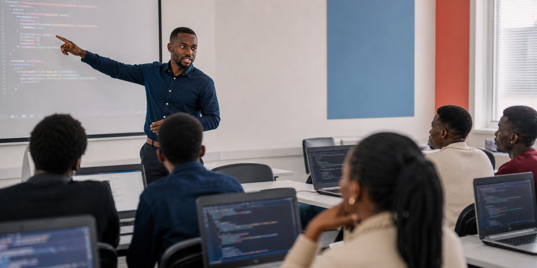 Software engineering instructor teaching code in an IT classroom