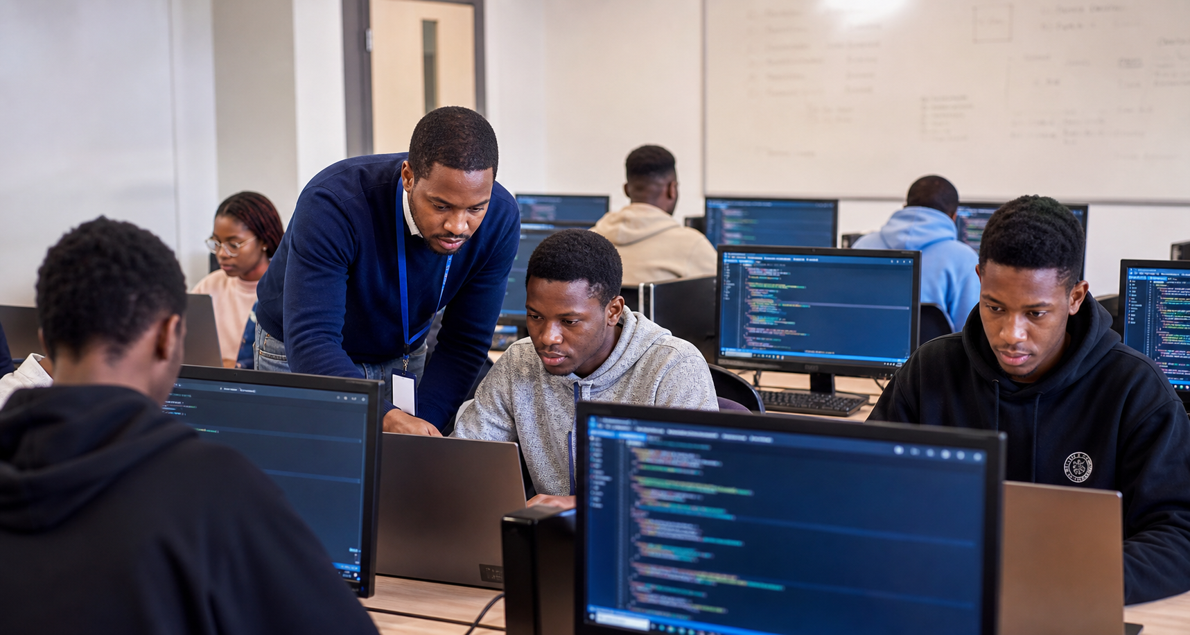 Students practising programming in a computer lab with instructor support